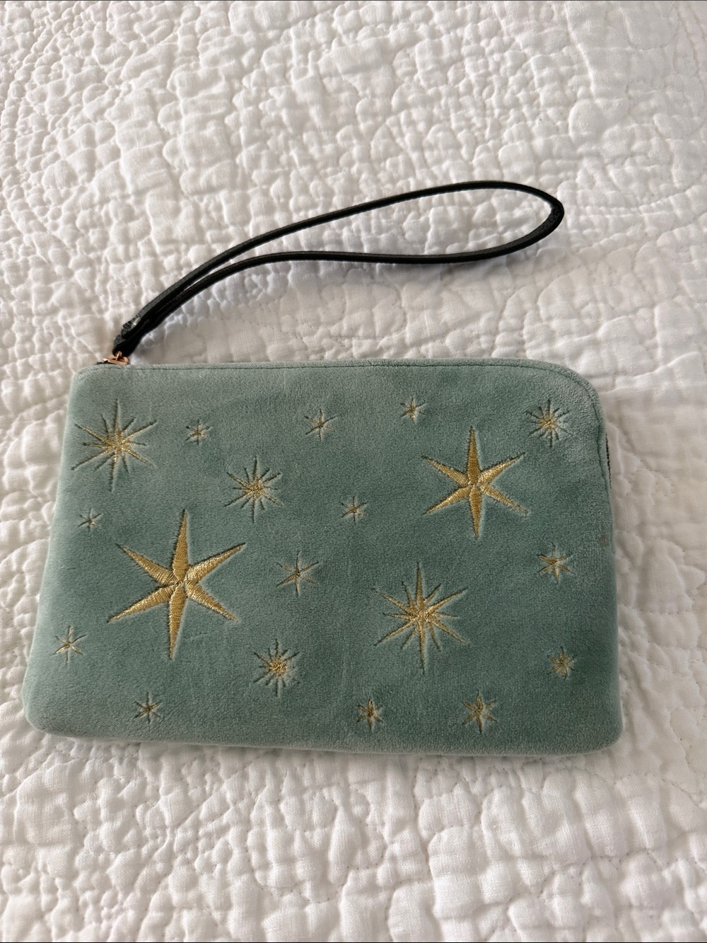 Barnes & Noble Sage Green Suede Wristlet with Gold Star Embroidery